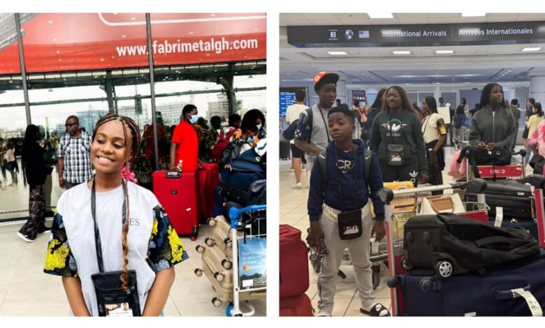 A photo collage showing Charlia Kweh (left) at the Kotoka International Airport prior to take off and with her fellow Campers upon arrival at the Toronto Airport in Canada
